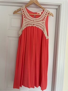 miami Coral Dress with Cream Crochet Yoke
